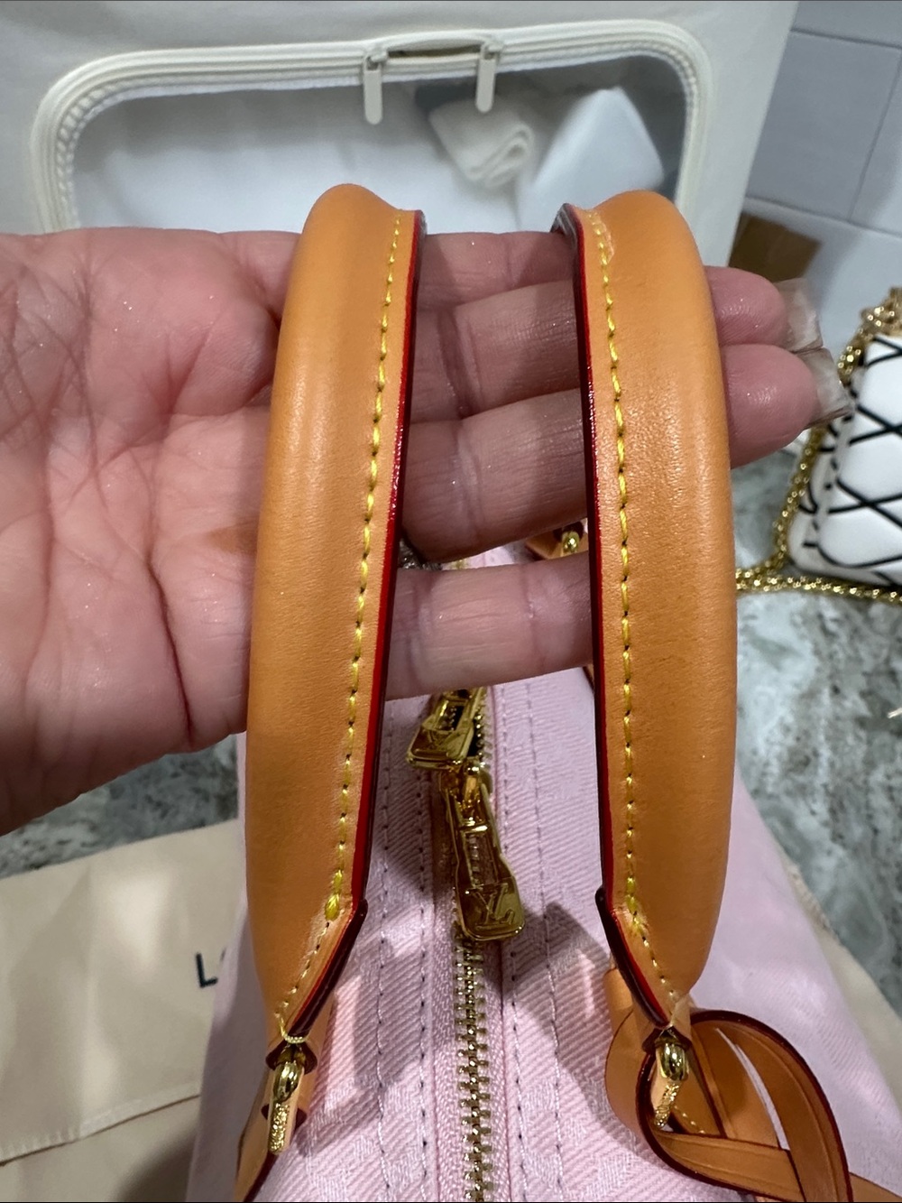 Pink Denim Satchel Handbag with Tan Trim. Nice condition - Picture 6 of 12